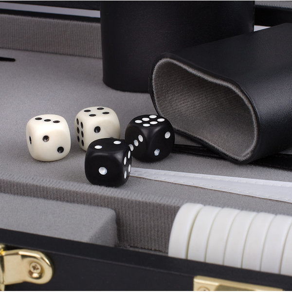 Backgammon close up of the dice and grey case