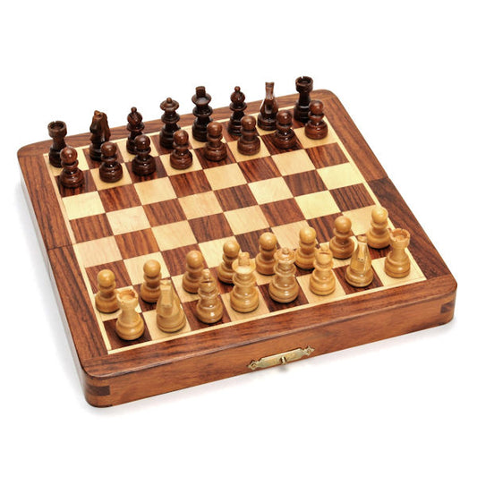 Folding 12" Magnetic Chess Set by WE shown open with chess pieces on the board