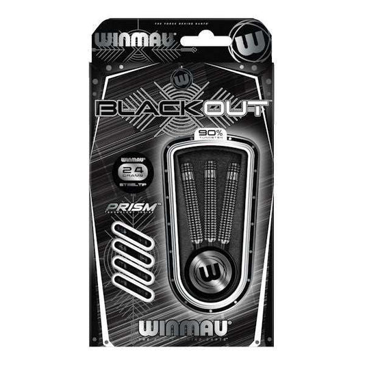 Blackout 90% Tungsten darts set with precision-engineered barrels and black prism shafts
