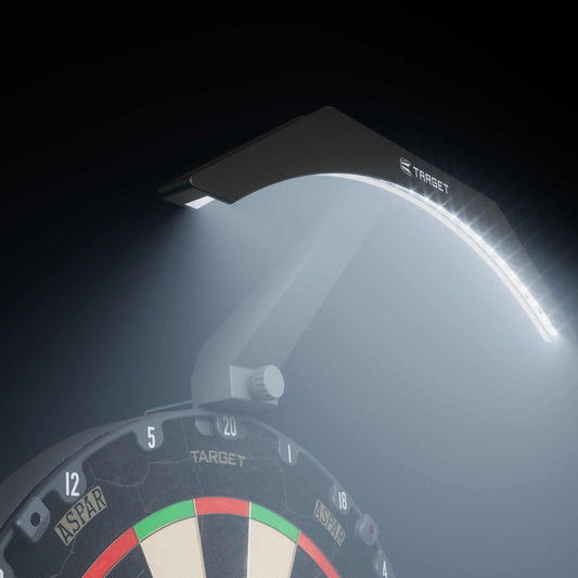 Target Arc Dartboard Lighting System with 24 bright white LEDs and adjustable arm for shadowless dartboard illumination