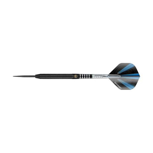 Sabotage 90% Tungsten darts with Ripsaw grip, Onyx coated barrels, black Prism Force shafts, and Prism Alpha flights set