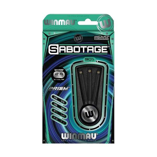 Sabotage 90% Tungsten darts with black shafts and thick flights showcasing Ripsaw grip technology