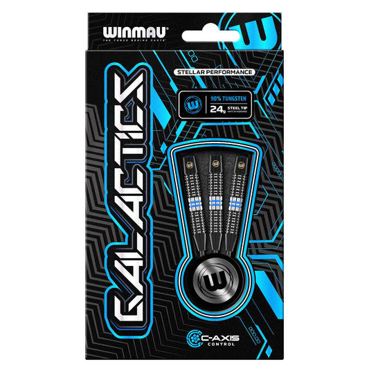 Winmau Galactics 90% Tungsten darts set with C-AXIS grip system and blue Vecta shafts in retail packaging