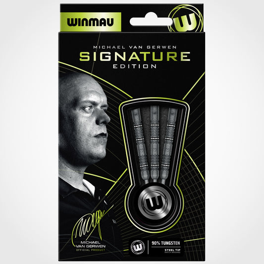 Winmau Michael van Gerwen Signature Edition darts packaging with a portrait of the player on a black background.