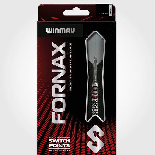 Winmau Fornax dart packaging with a red and black design on a white background