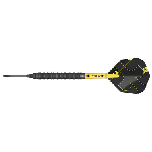 Bolide Void 90% tungsten darts with black titanium coating, radial grooves, Pro Grip shafts, and No.6 flights set