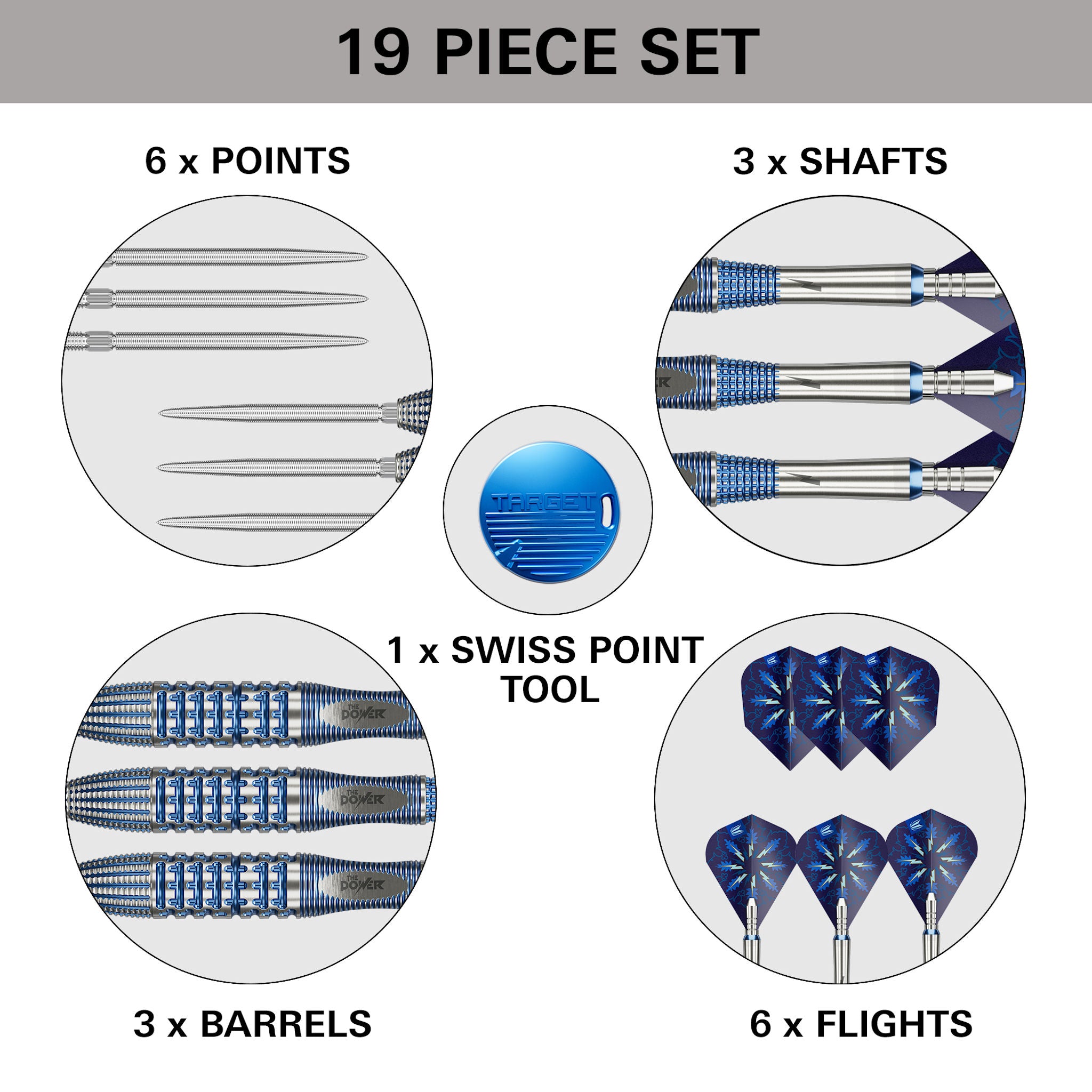 19-piece dart set with components labeled on a white background 19-piece dart set with components labeled on a white background