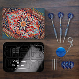 Collection of items including a dartboard, darts, and related accessories on a wooden surface. Collection of items including a dartboard, darts, and related accessories on a wooden surface.