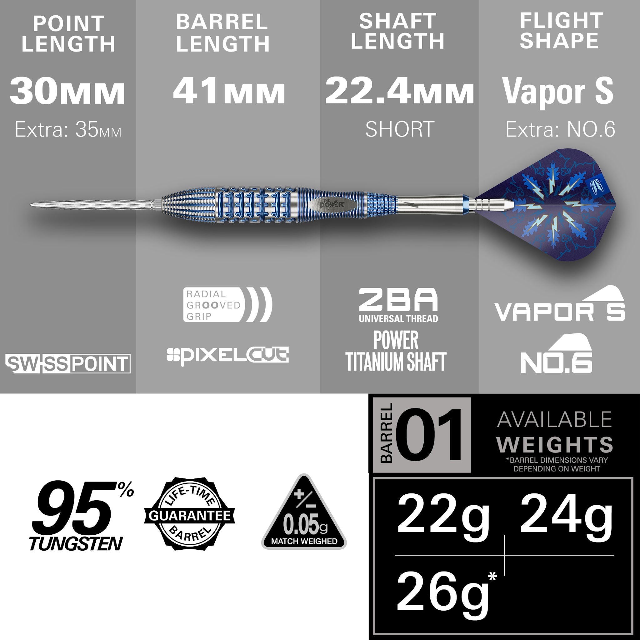 Power 9Five GX2 SP 95% Tungsten  Dart with specifications on a gray background Power 9Five GX2 SP 95% Tungsten  Dart with specifications on a gray background