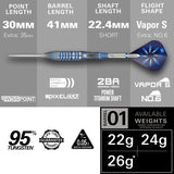Power 9Five GX2 SP 95% Tungsten  Dart with specifications on a gray background Power 9Five GX2 SP 95% Tungsten  Dart with specifications on a gray background