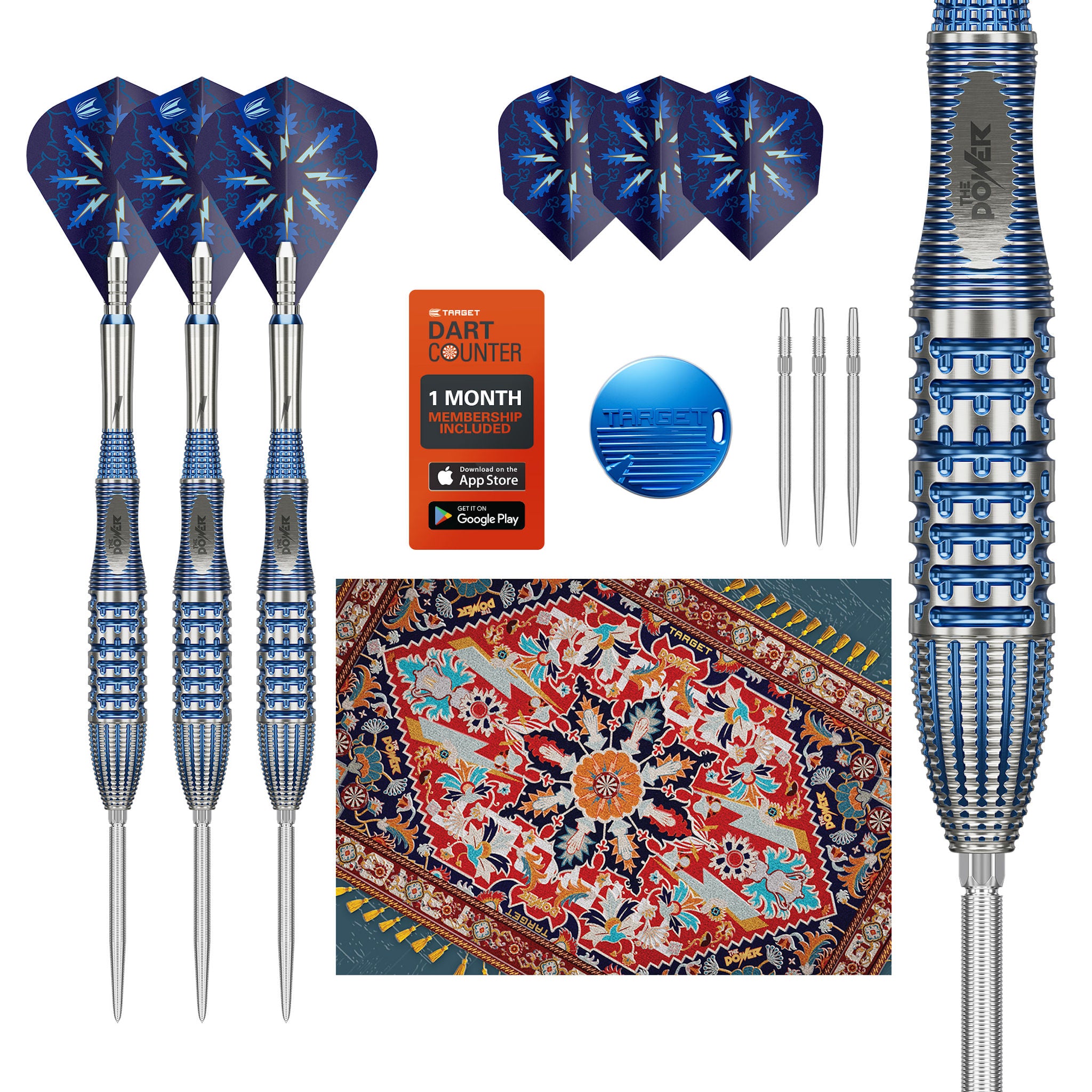 Set of darts with blue and silver design, dart bouncers, and a colorful rug. Set of darts with blue and silver design, dart bouncers, and a colorful rug.