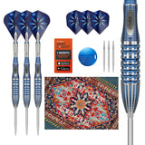 Set of darts with blue and silver design, dart bouncers, and a colorful rug. Set of darts with blue and silver design, dart bouncers, and a colorful rug.