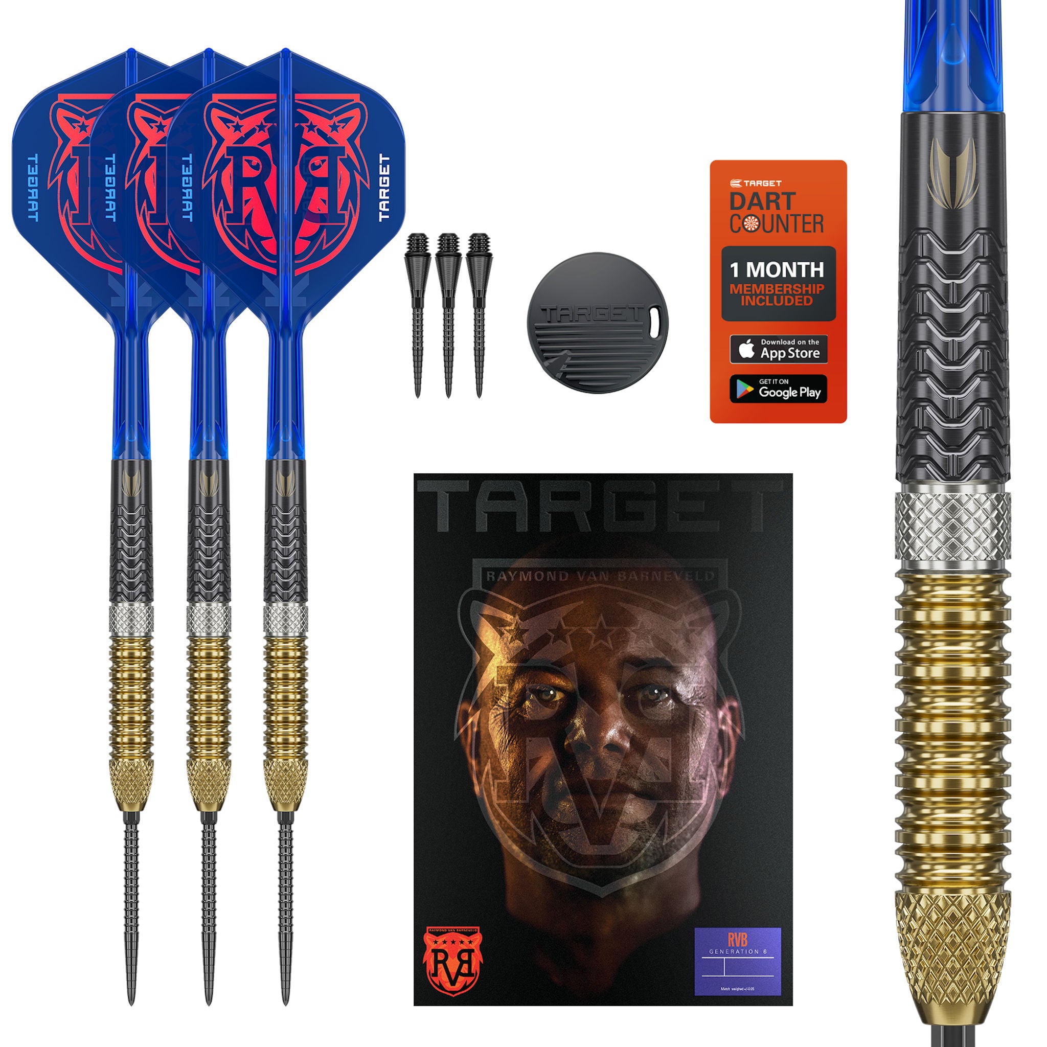 RVB G6 SP 95% Tungsten darts with blue and gold shafts, a dart counter app, and a Target branded box on a white background. RVB G6 SP 95% Tungsten darts with blue and gold shafts, a dart counter app, and a Target branded box on a white background.