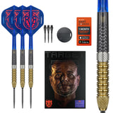 RVB G6 SP 95% Tungsten darts with blue and gold shafts, a dart counter app, and a Target branded box on a white background. RVB G6 SP 95% Tungsten darts with blue and gold shafts, a dart counter app, and a Target branded box on a white background.