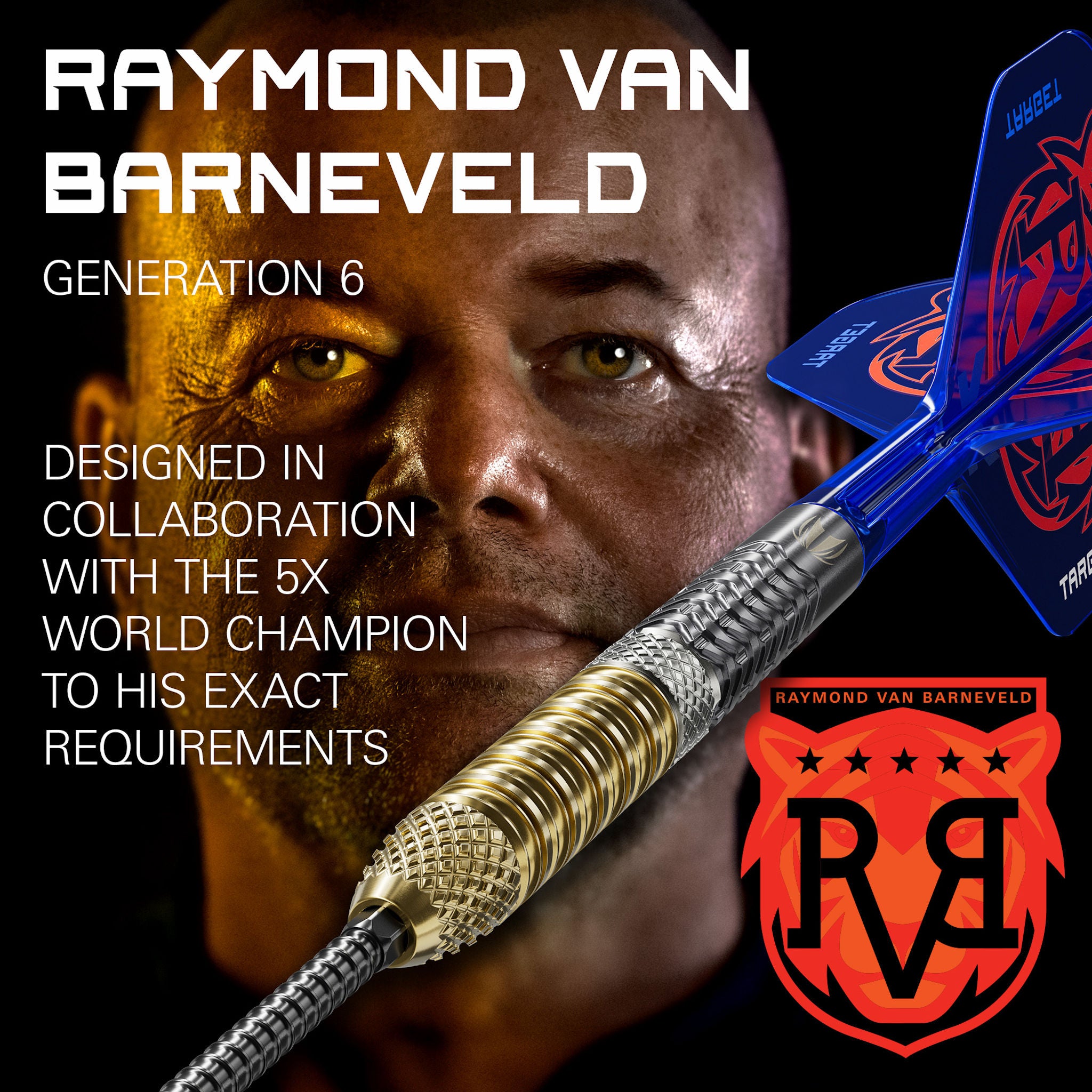 Dart with a close-up of a person's face and branding text, featuring Raymond van Barneveld. Dart with a close-up of a person's face and branding text, featuring Raymond van Barneveld.