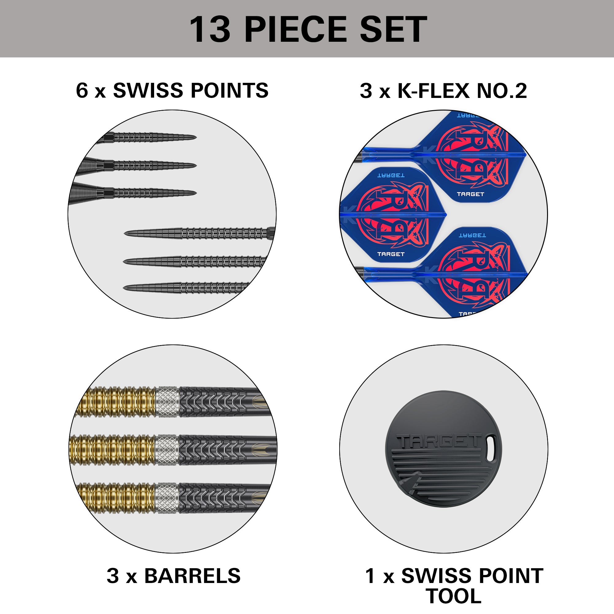 13-piece dart set with Swiss points, K-Flex no.2, barrels, and a Swiss point tool on a white background. 13-piece dart set with Swiss points, K-Flex no.2, barrels, and a Swiss point tool on a white background.