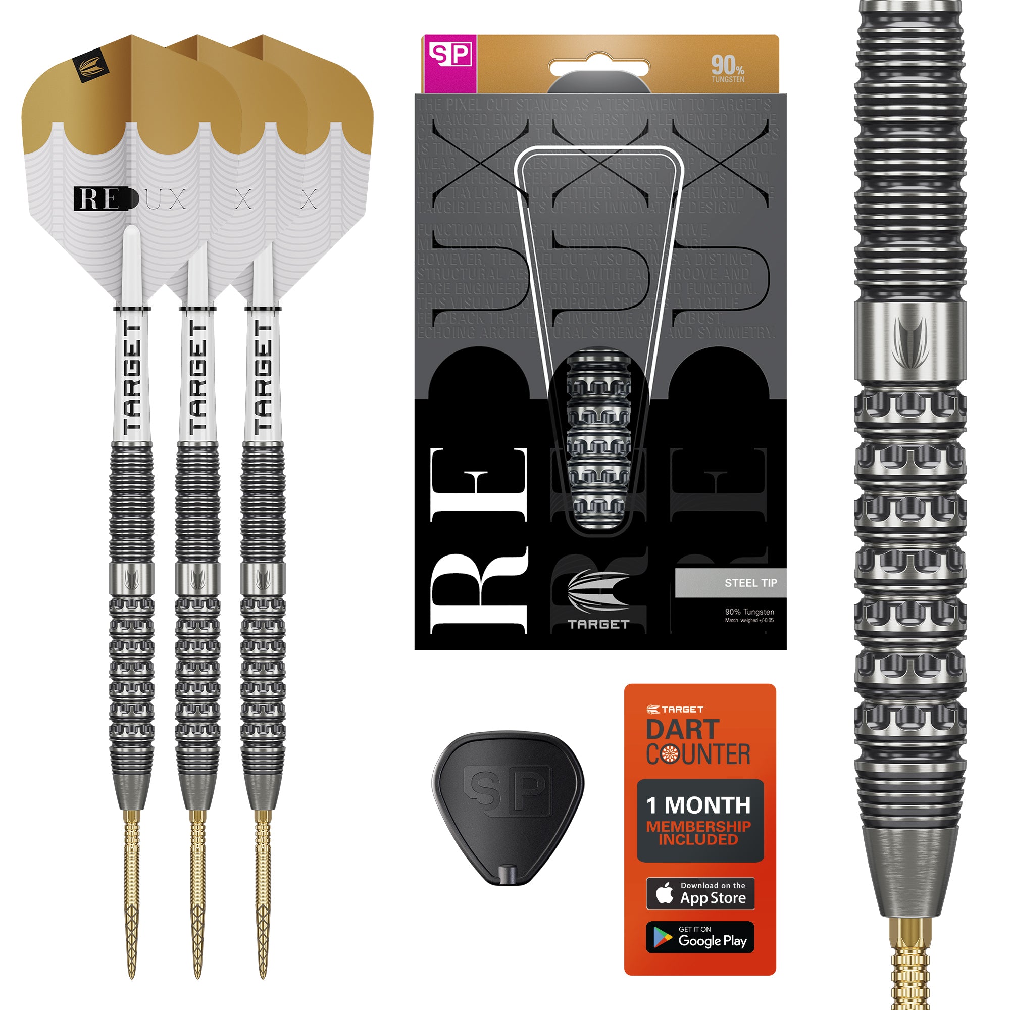 Set of darts with silver and gold tips, dart counter, and packaging on a white background Redux 90% SP Tungsten what's in the box Set of darts with silver and gold tips, dart counter, and packaging on a white background Redux 90% SP Tungsten what's in the box