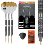 Set of darts with silver and gold tips, dart counter, and packaging on a white background Redux 90% SP Tungsten what's in the box Set of darts with silver and gold tips, dart counter, and packaging on a white background Redux 90% SP Tungsten what's in the box