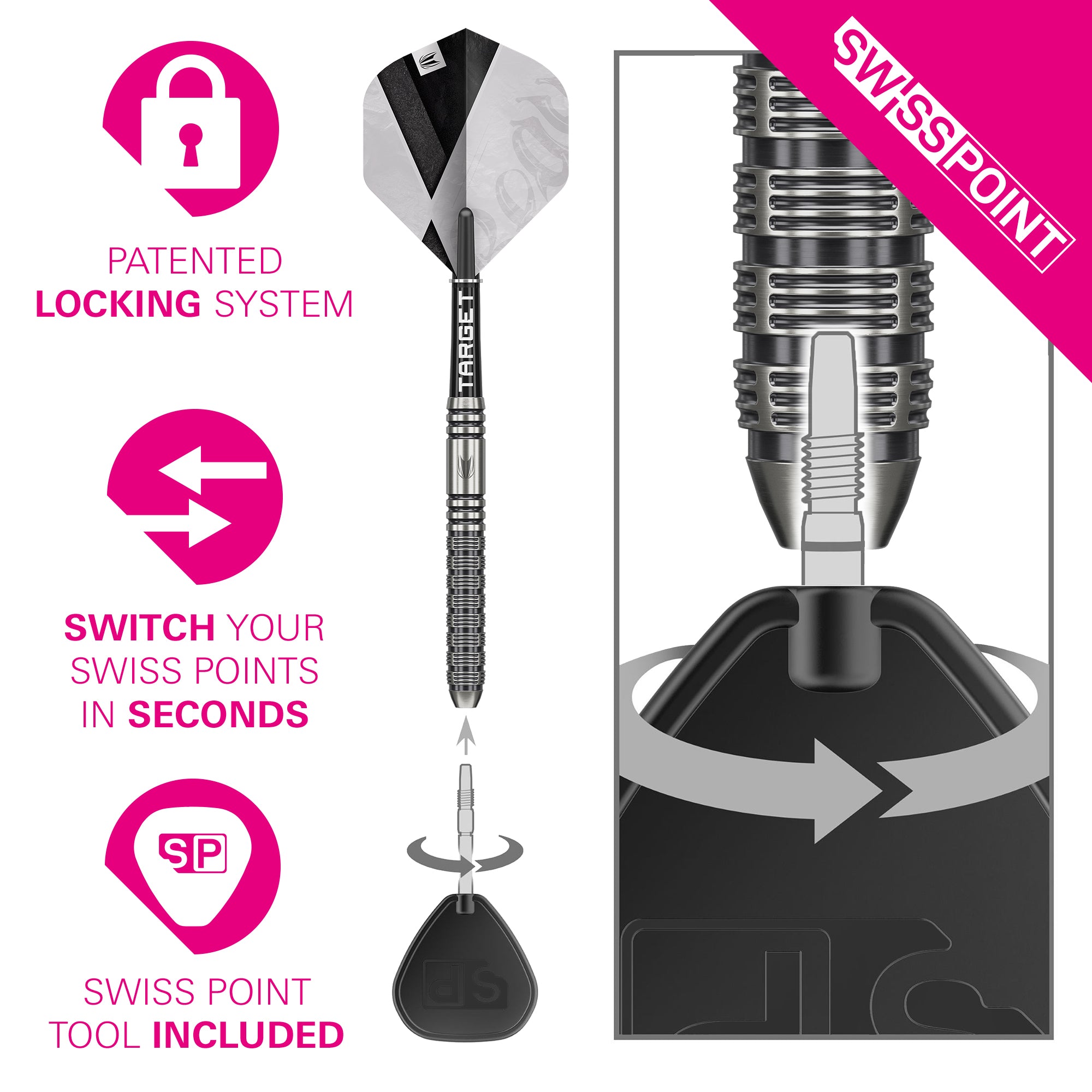 Swiss Point dart system with patent lock feature on a white background Swiss Point dart system with patent lock feature on a white background