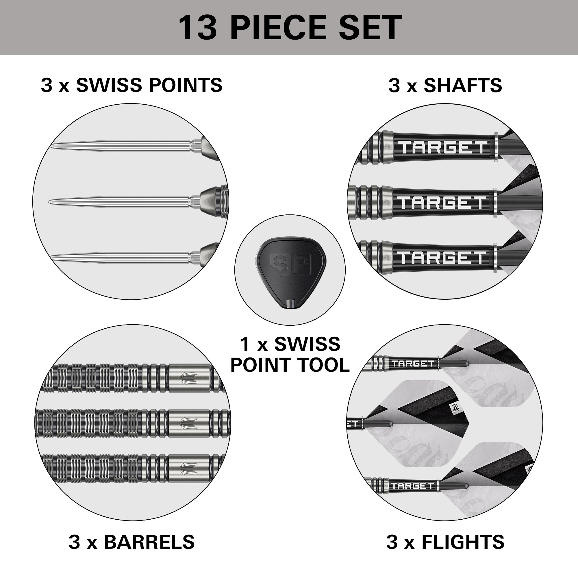 13-piece dart set with components labeled on a white background 13-piece dart set with components labeled on a white background