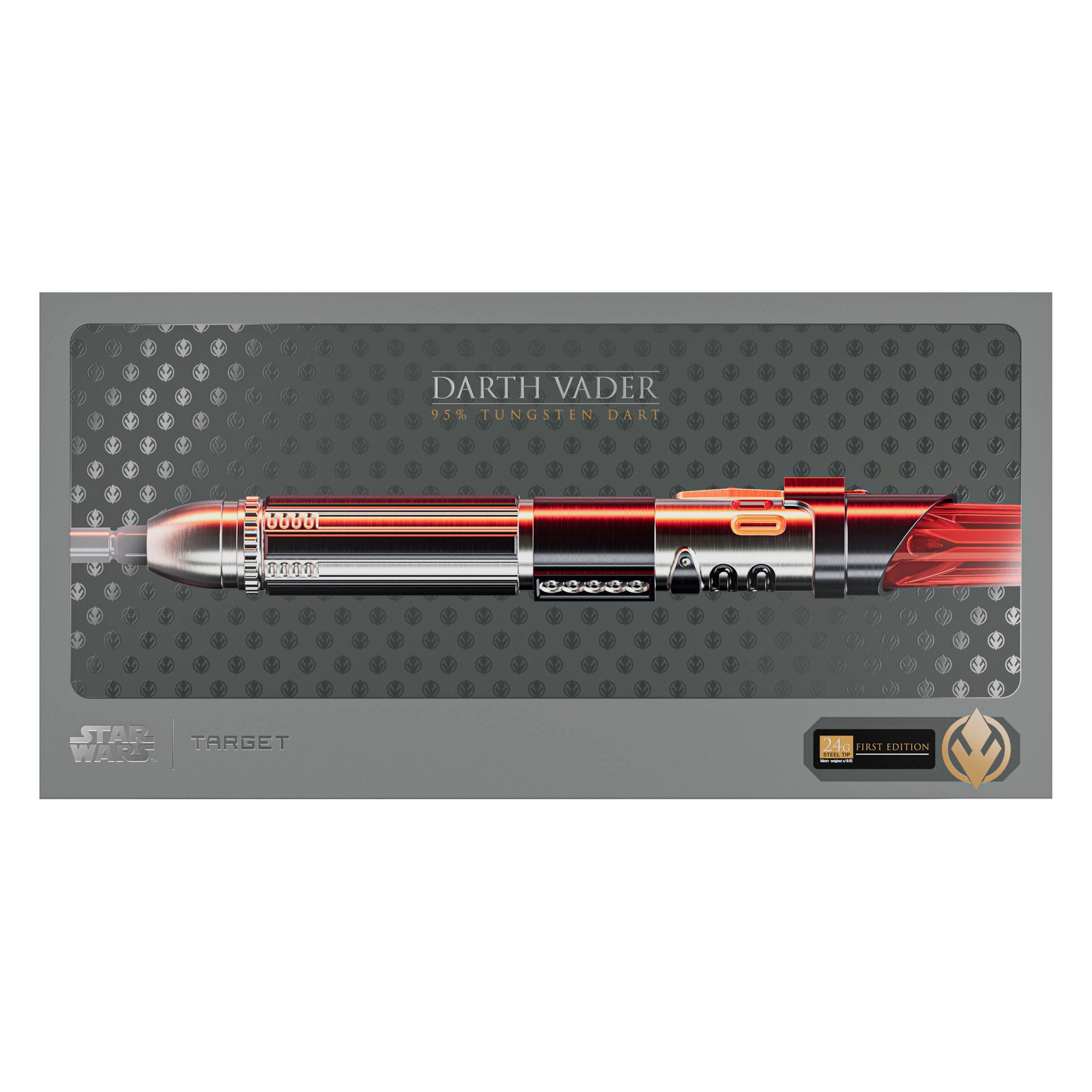 Darth Vader lightsaber dart on a Target branded display box top view of box. Darth Vader lightsaber dart on a Target branded display box top view of box.