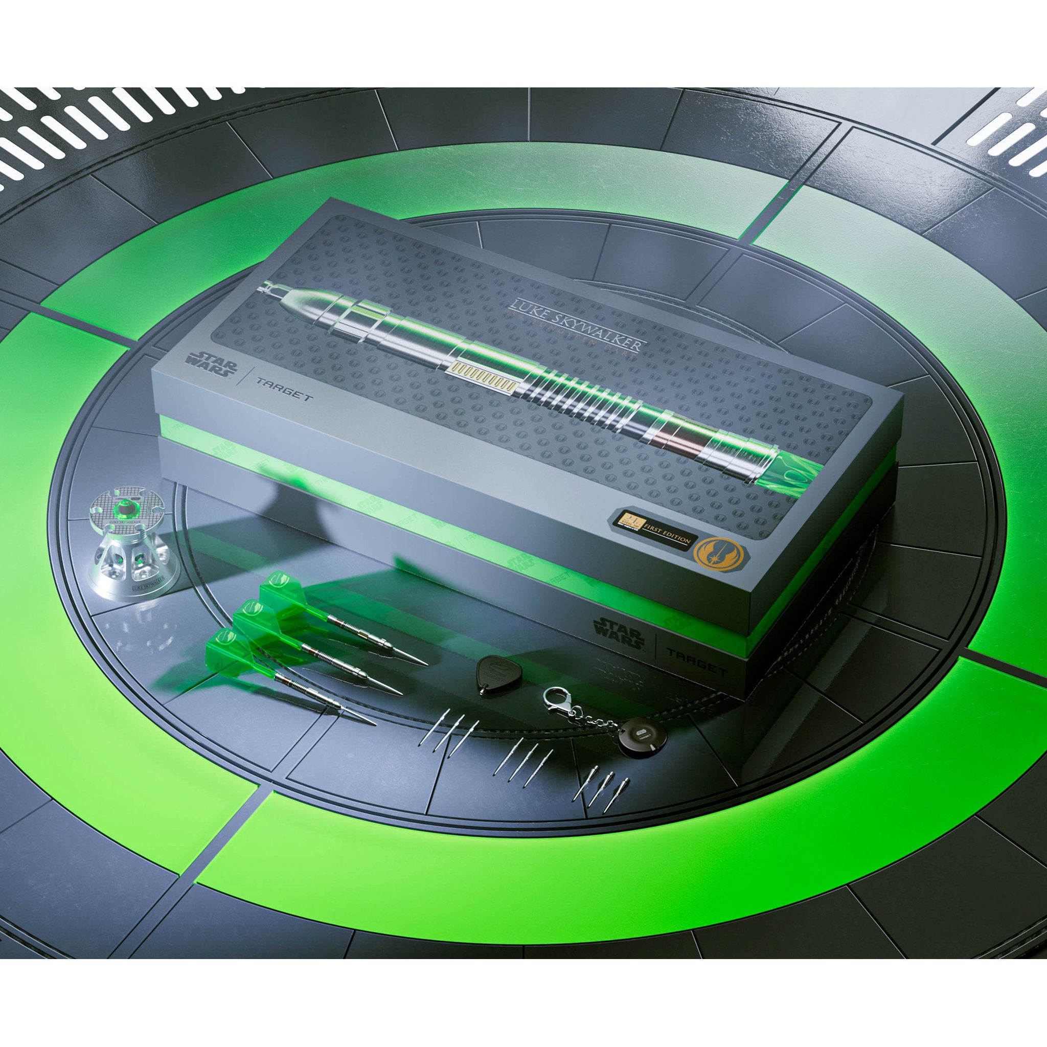 STAR WARS™ Luke Skywalker Lightsaber First Edition 95% SP Darts showing what's in the box with black and green background STAR WARS™ Luke Skywalker Lightsaber First Edition 95% SP Darts showing what's in the box with black and green background