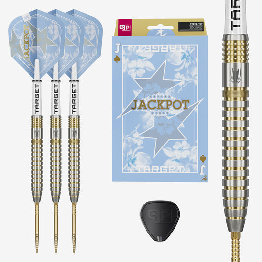 Adrian Lewis Showdown SP 95% Tungsten dart set with three darts, a box, a close-up of a dart barrel, and a black swiss point tool on a light gray background.