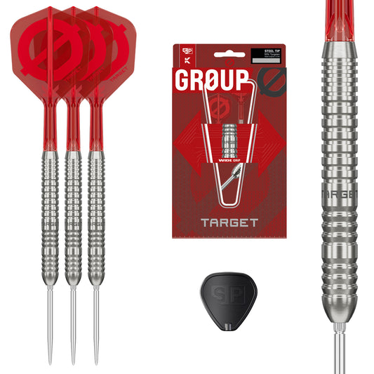 Group Ø 50% SP Tungsten Darts showing the three darts, packaging, swiss tool and close up of barrel