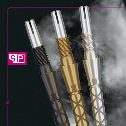 Swiss Storm Diamond Pro Points showing three colour options gold, black and silver on a smoky black background