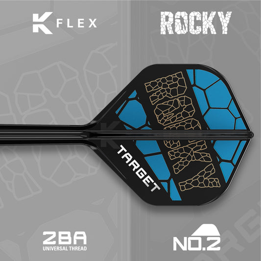 K-Flex Standard No.2 Flight with integrated black shaft, bold blue panels, gold web pattern and white Target branding.