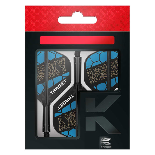 K-Flex Standard No.2 Flight with integrated black shaft and blue, gold and black geometric Target design in retail packaging.
