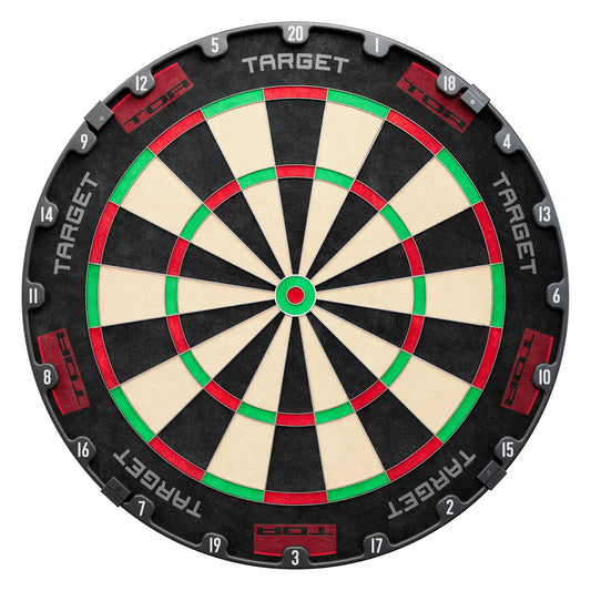Target TOR Dartboard featuring black, cream, red, and green sections with a matte black number ring and bold white numbering.