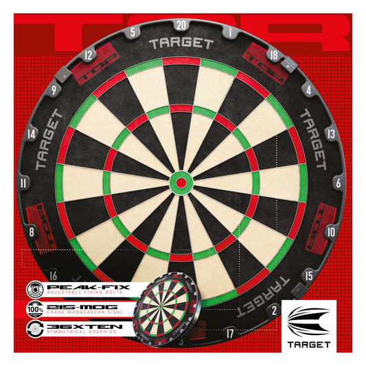 Target TOR Dartboard with black, white, red, and green segmented sisal surface, stainless steel spiderweb, and rotating number ring.