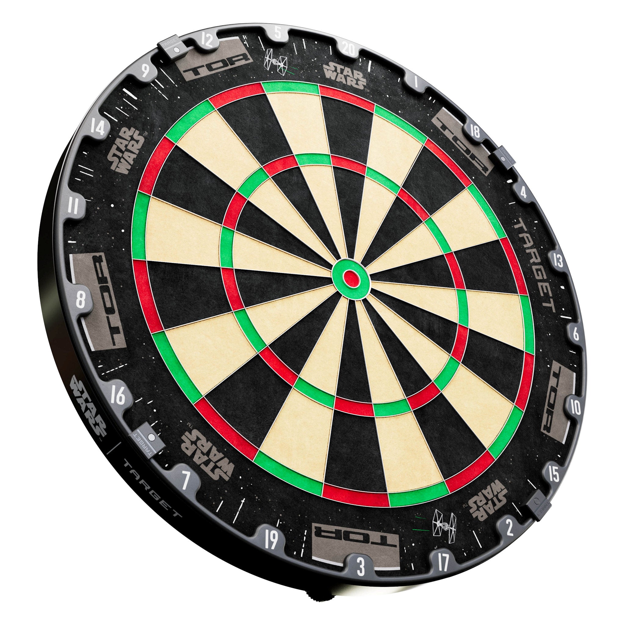 Dartboard with black, red, and green sections on a white background Dartboard with black, red, and green sections on a white background
