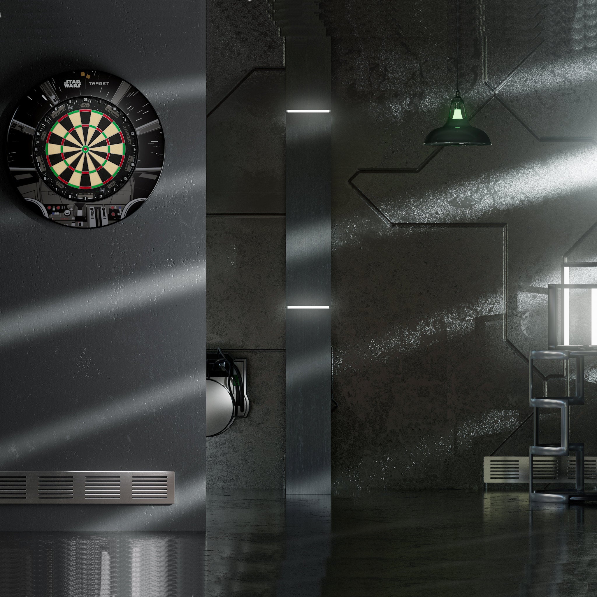 Dartboard on a wall in a modern, dimly lit room with metallic and glass elements. Dartboard on a wall in a modern, dimly lit room with metallic and glass elements.