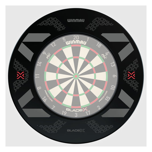 Winmau Blade X Black Surround with Winmau dartboard with 'X' markers on a white background