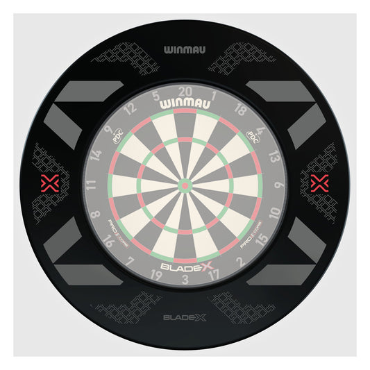 Winmau Blade X Black Surround with a black textured finish, grey geometric panels, red crossed-dart emblems and silver branding.