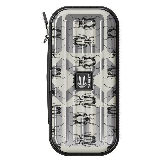 Takoma ENTO Wallet in grey and cream with black beetle patterns, hard shell and zip closure, featuring a central logo badge.