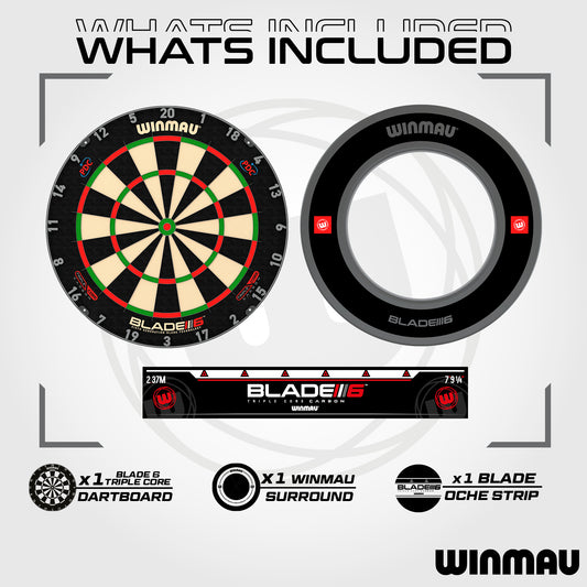 Winmau Blade 6 Triple Core dartboard, Pro-Line 1.0 black dartboard surround with dart accessories on a white background