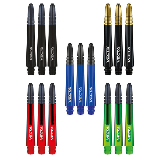 Set of Vecta shafts with black, blue, red, and green shafts on a white background