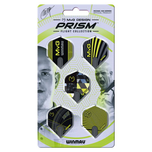Packaged MVG Design Prism dart flights with Winmau branding on a white background