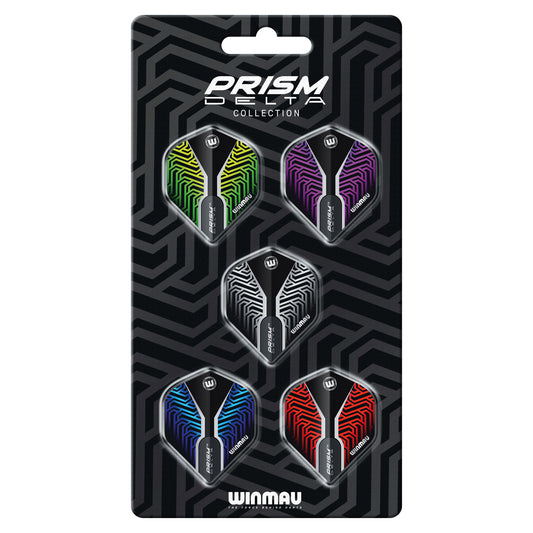 Pack of Winmau Prism Delta dart flights on a black packaging with geometric pattern