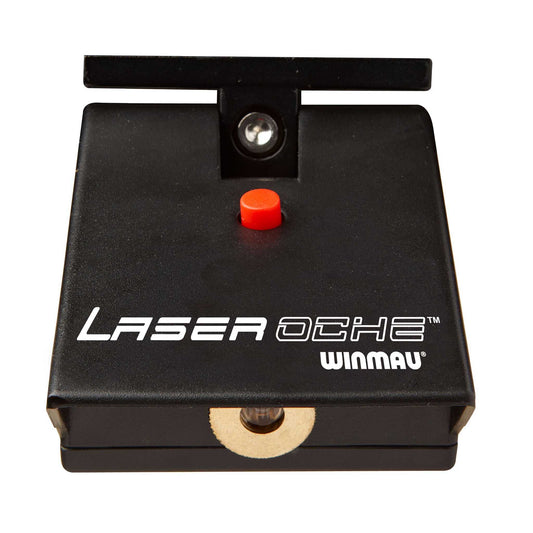 Compact black Winmau Laser Oche with red button and adjustable laser beam for marking throw line.