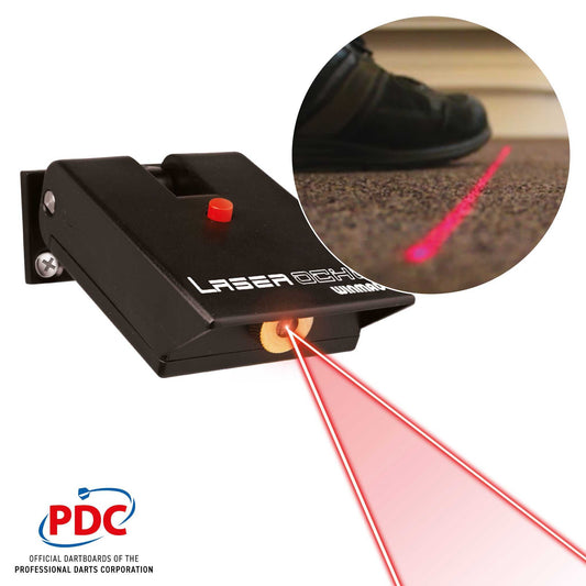 Laser Oche device projecting adjustable laser throw line on floor for darts game setup