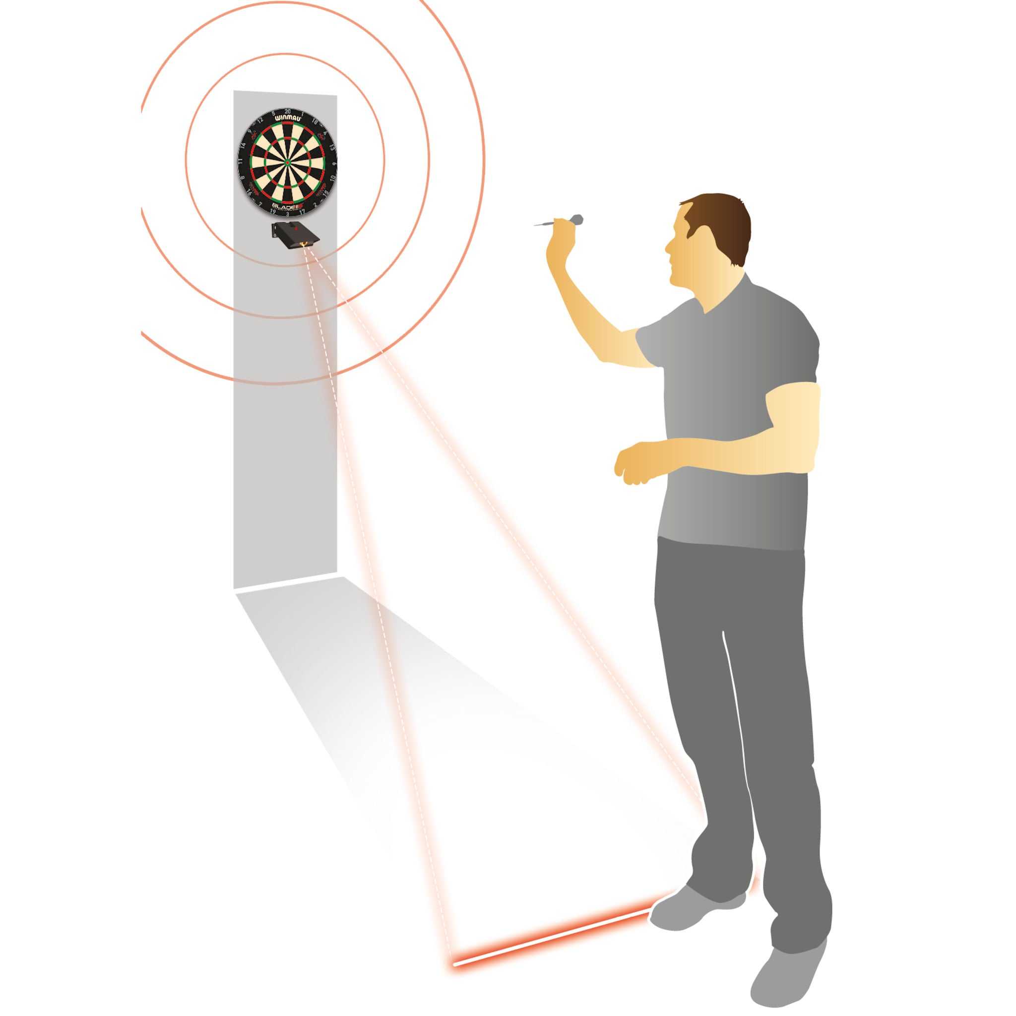 Laser Oche marking a dart throw line with adjustable laser beam and man aiming at dartboard Laser Oche marking a dart throw line with adjustable laser beam and man aiming at dartboard