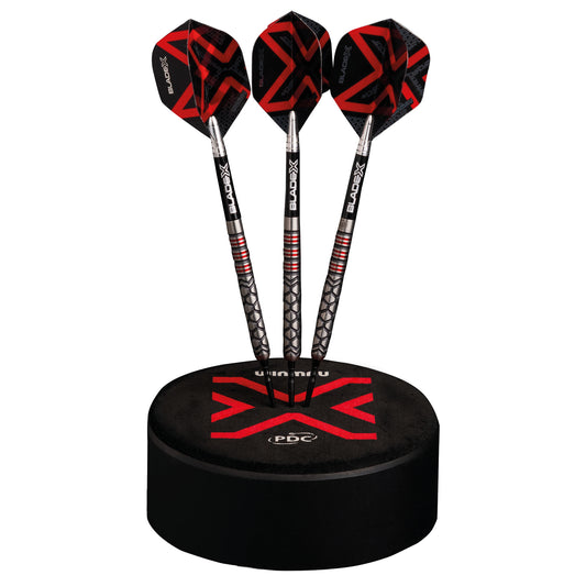 Three darts on the BladeX Dart dock with a BladeX red logo on a white background.
