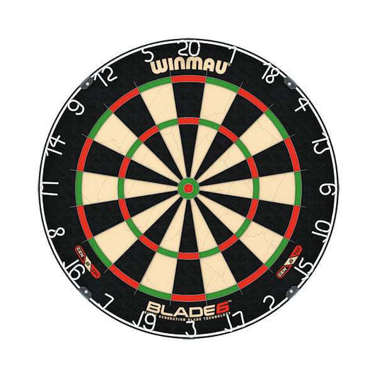 Winmau Blade 6 professional dartboard with black frame surround and brass darts bundle for home games