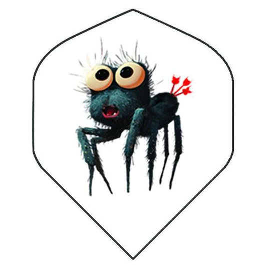 The spider flights feature black cartoon spider with big eyes and 3 darts in the butt on white backdrop