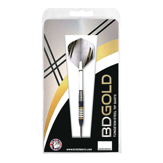 BD Gold 80% Tungsten Darts with black and gold striped flights, white shafts and grooved metallic barrels in retail packaging.