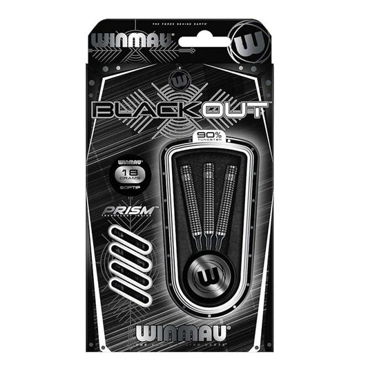 Winmau Blackout 90% Tungsten soft tip darts set with prism flights and shafts in black packaging